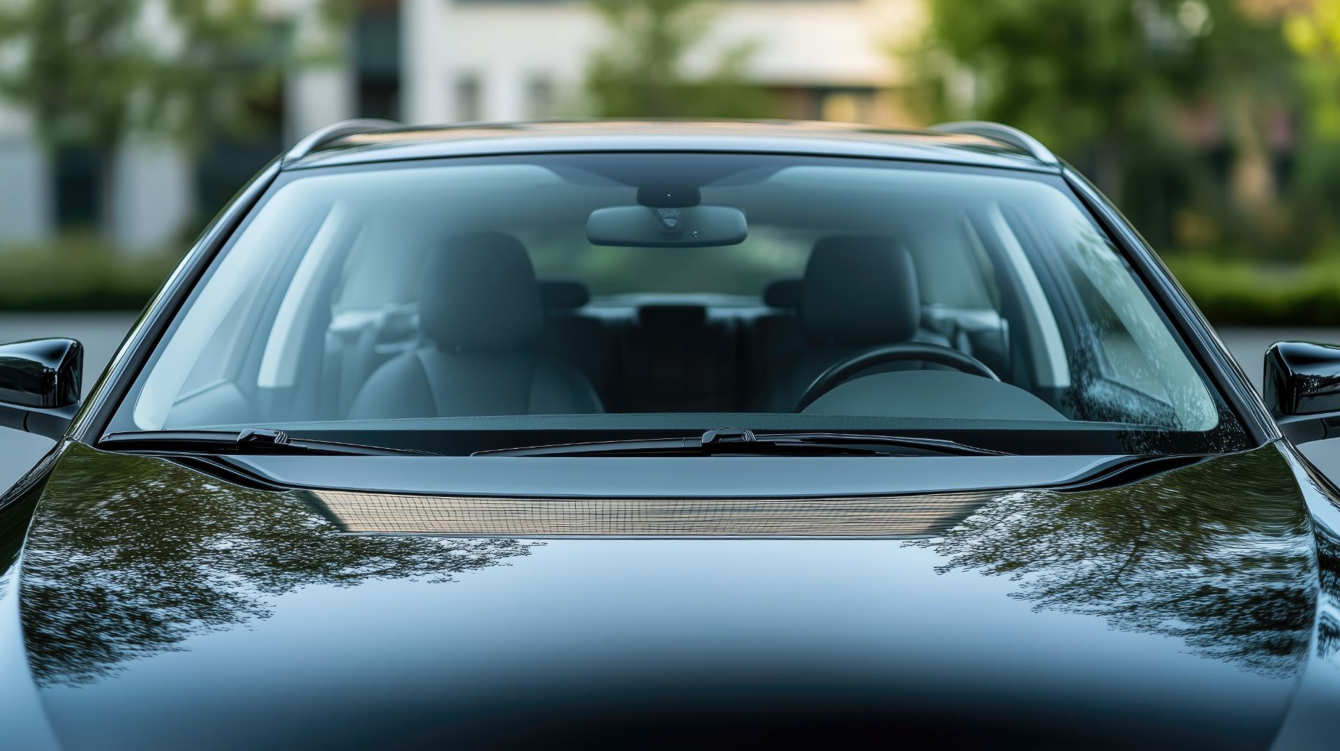 Front view of a black sedan parked in a residential driveway with sunshade deployed