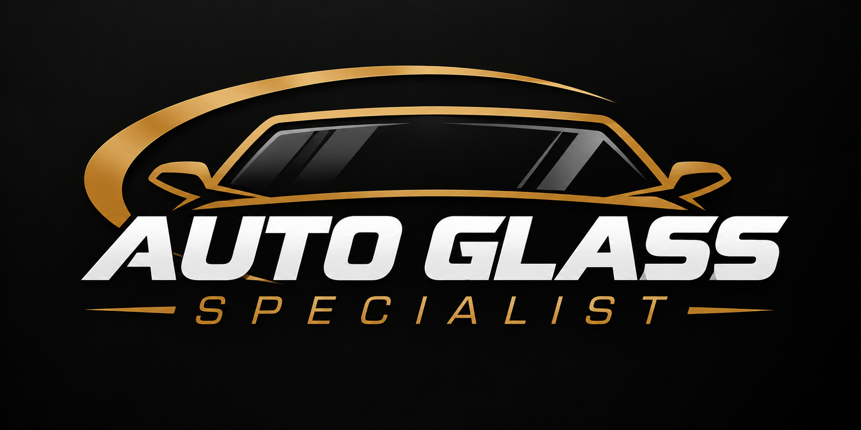 Auto Glass Specialist logo featuring gold car silhouette with text on black background